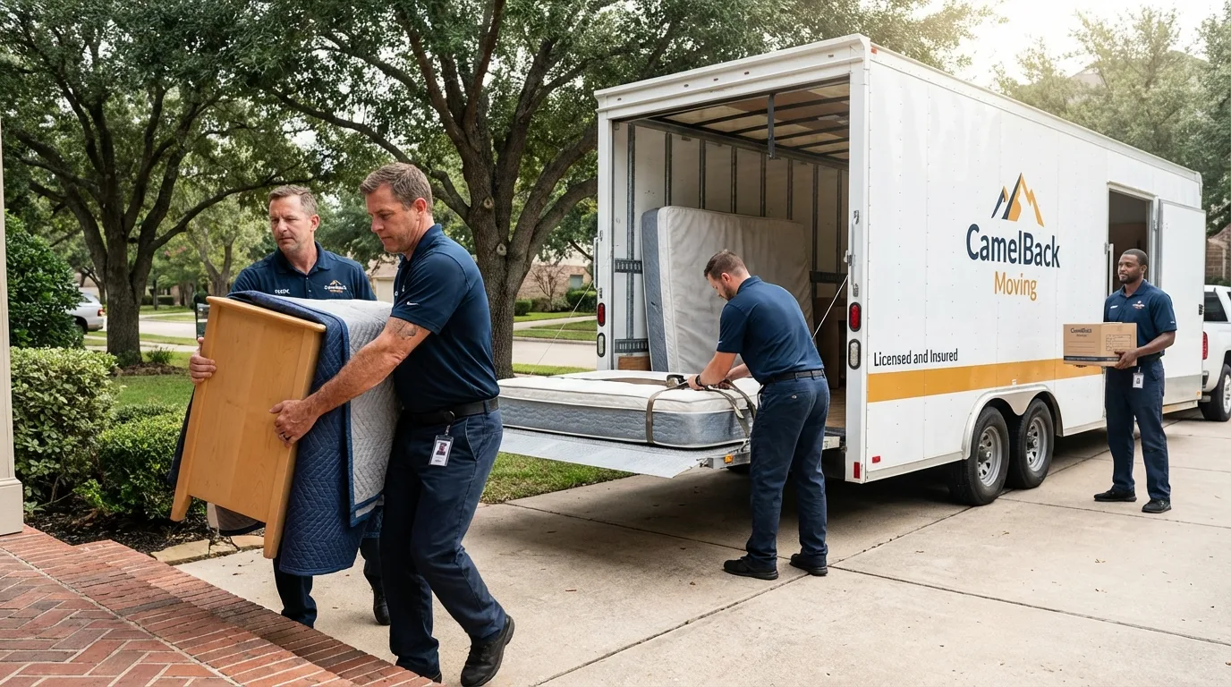 Crew loading residential truck for cross-state move from Beech Grove, IN
