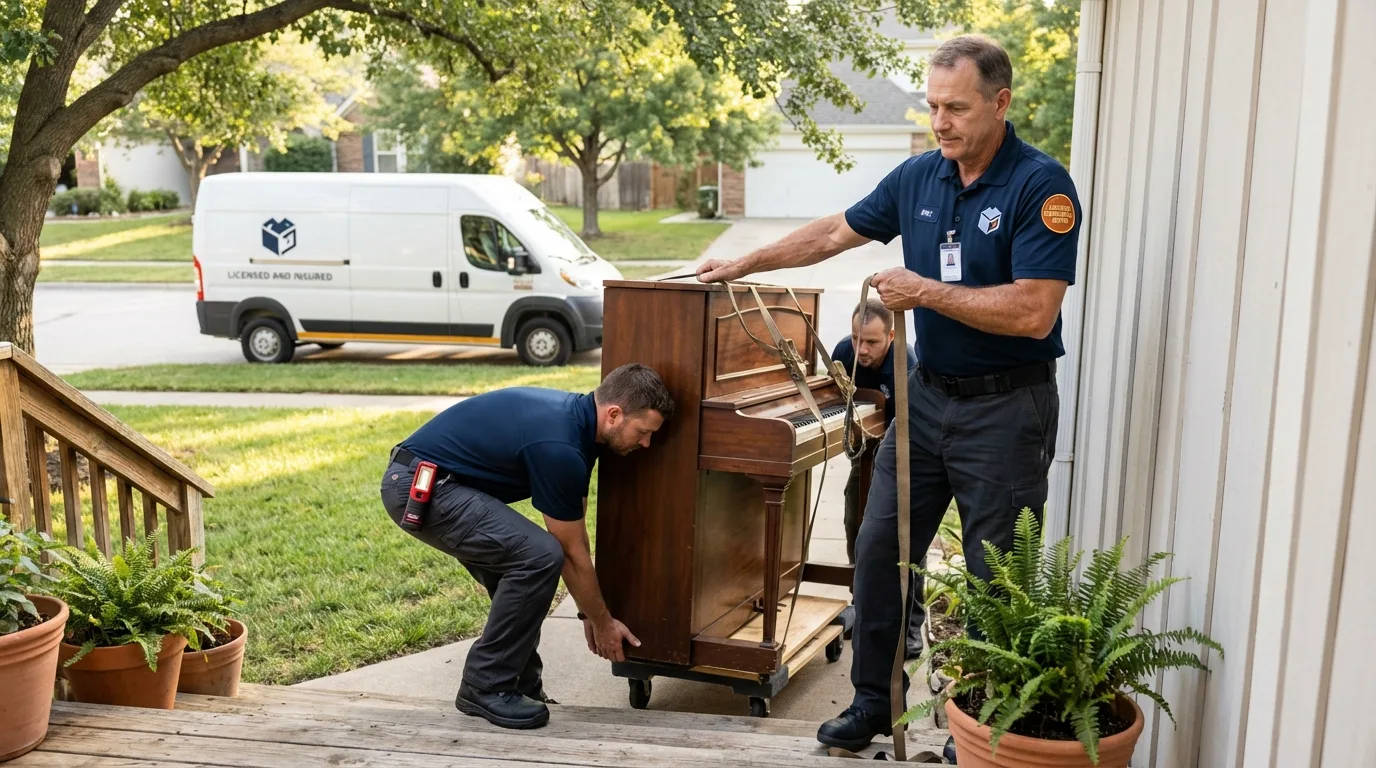 Licensed piano movers securing grand piano in Beech Grove, IN