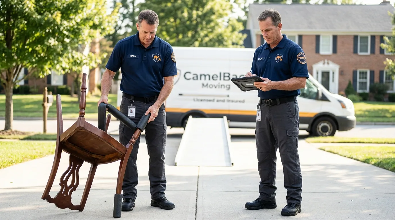 Movers inspecting furniture for damage prevention before loading in Beech Grove, IN