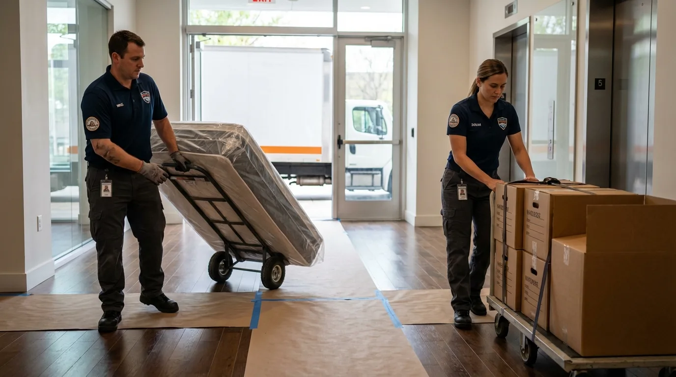 Professional apartment movers loading elevator in Beech Grove, IN
