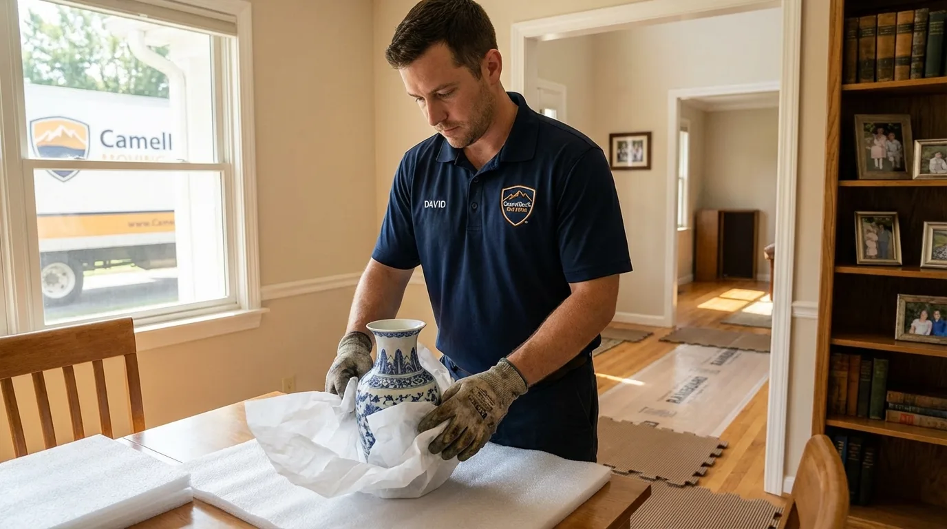Professional crew carefully wrapping antique vase for senior downsizing move in Beech Grove, IN